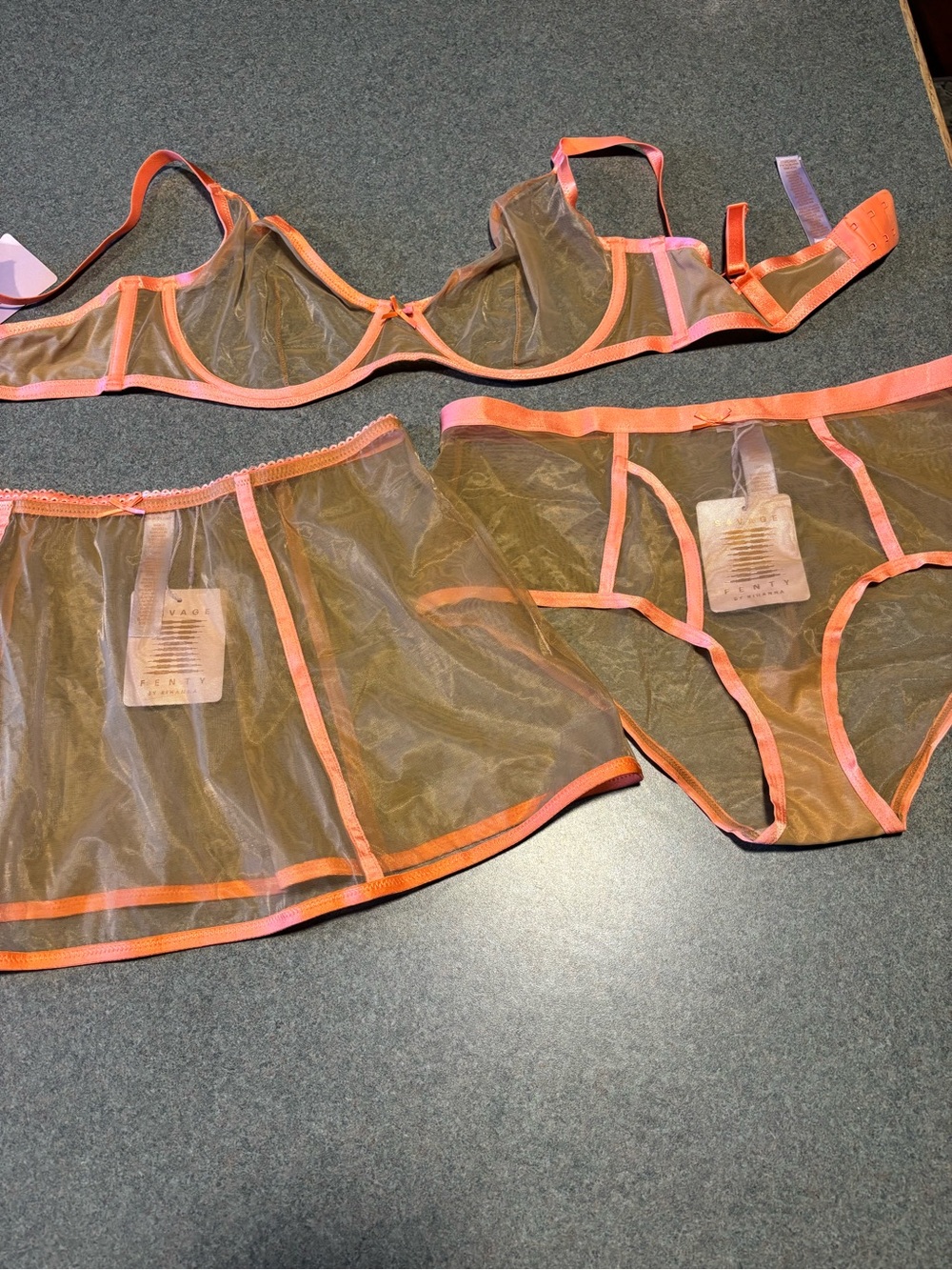 Savage X Fenty Sheer Mesh Bra, Skirt & Brief Set in Peach Trim